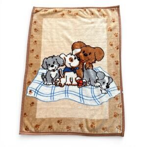 Vintage Baby Nursery Blanket Bunting Puppies Dogs Puppy Tan With Paw Prints